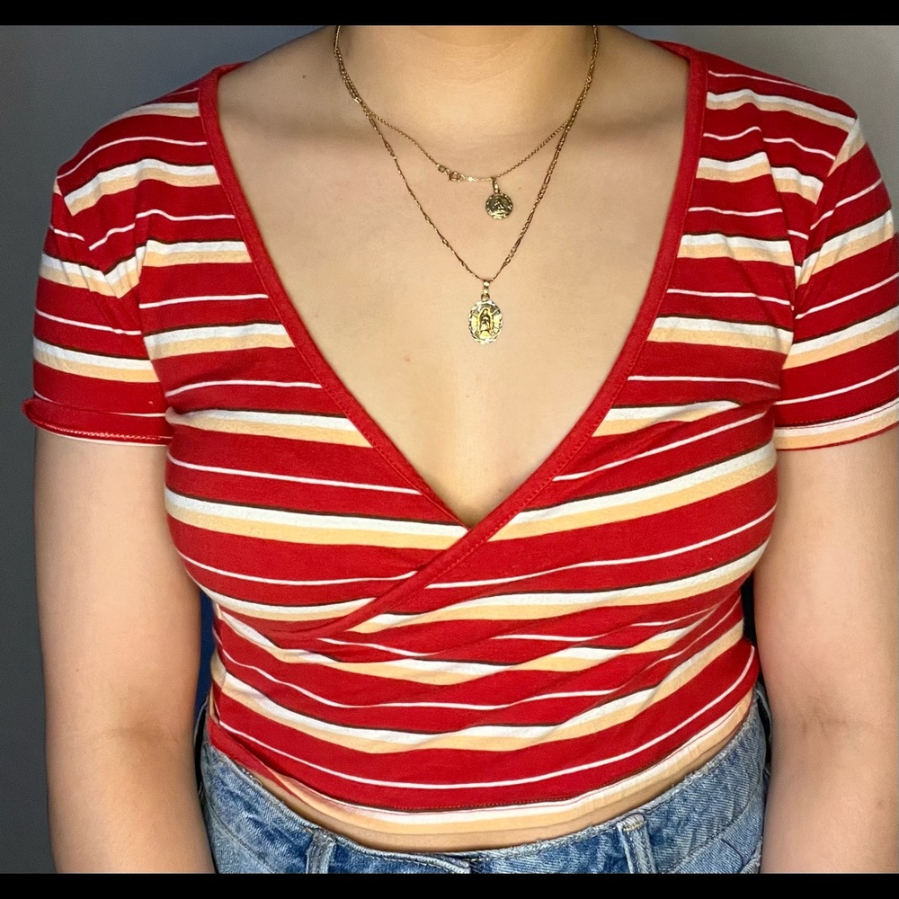 Red and peach striped top